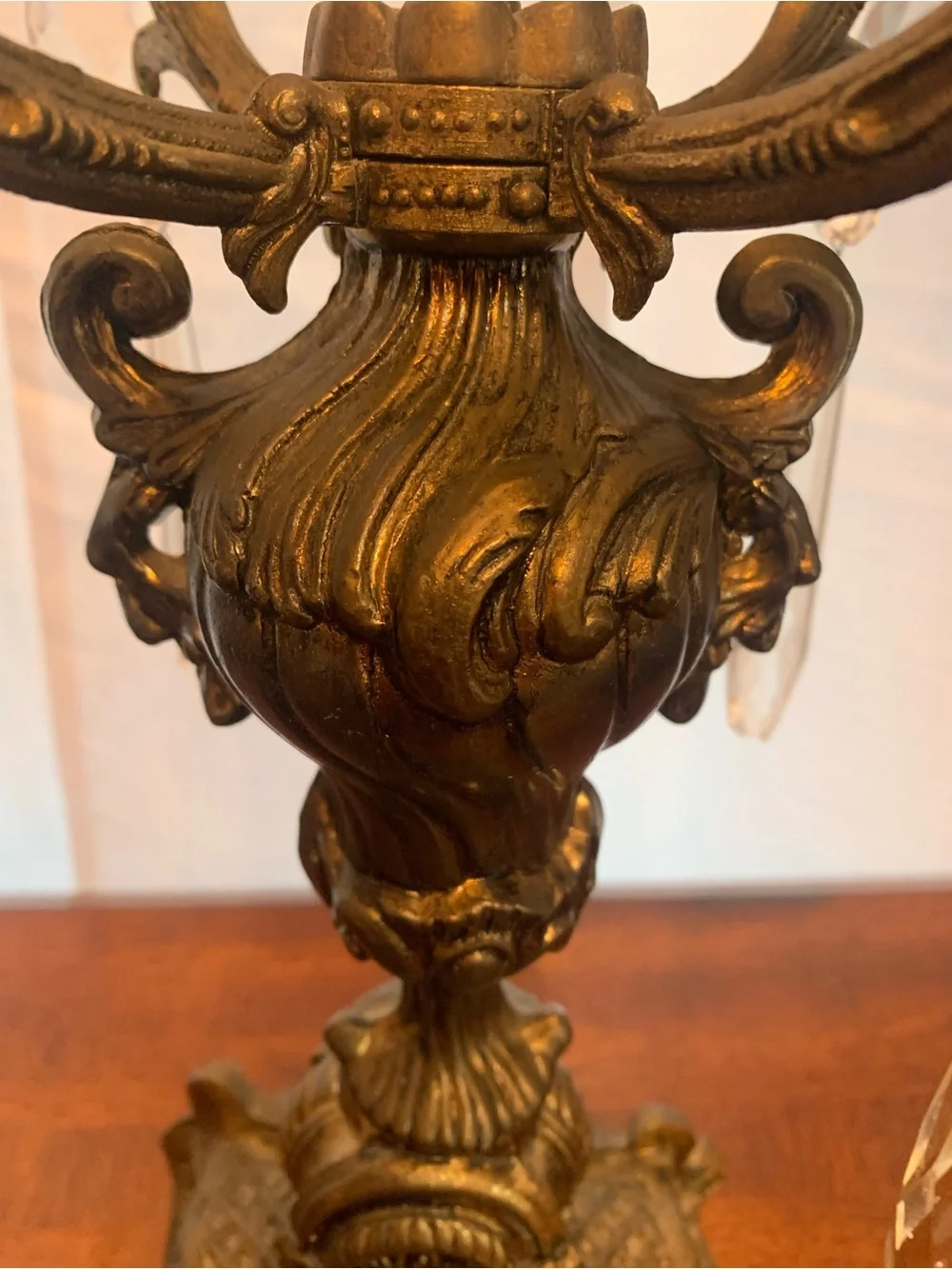 Ornate Brass Four Arm Candelabra Pair in Gold.  Glass tear drops
